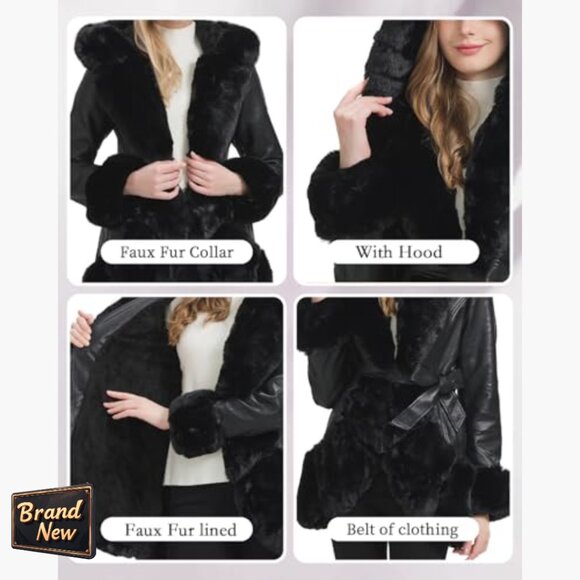 Faux Leather Coat with Faux Fur Collar, Belted Mid Length Winter Jacket - Picture 4 of 6